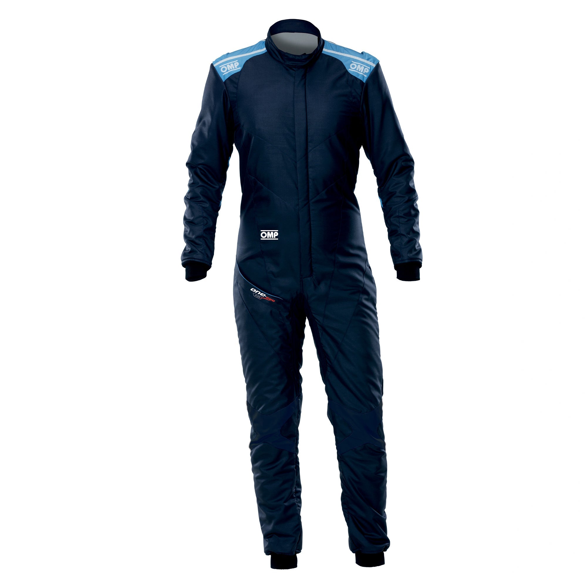 OMP One Evo Air FIA 8856-2018 fire-resistant racing suit in navy blue and cool blue