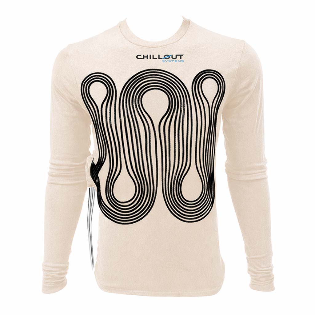 Chillout Systems Pro Touring Sport Cooling Shirt in cream color, featuring SFI-rated fire-resistant material and internal cooling channels.