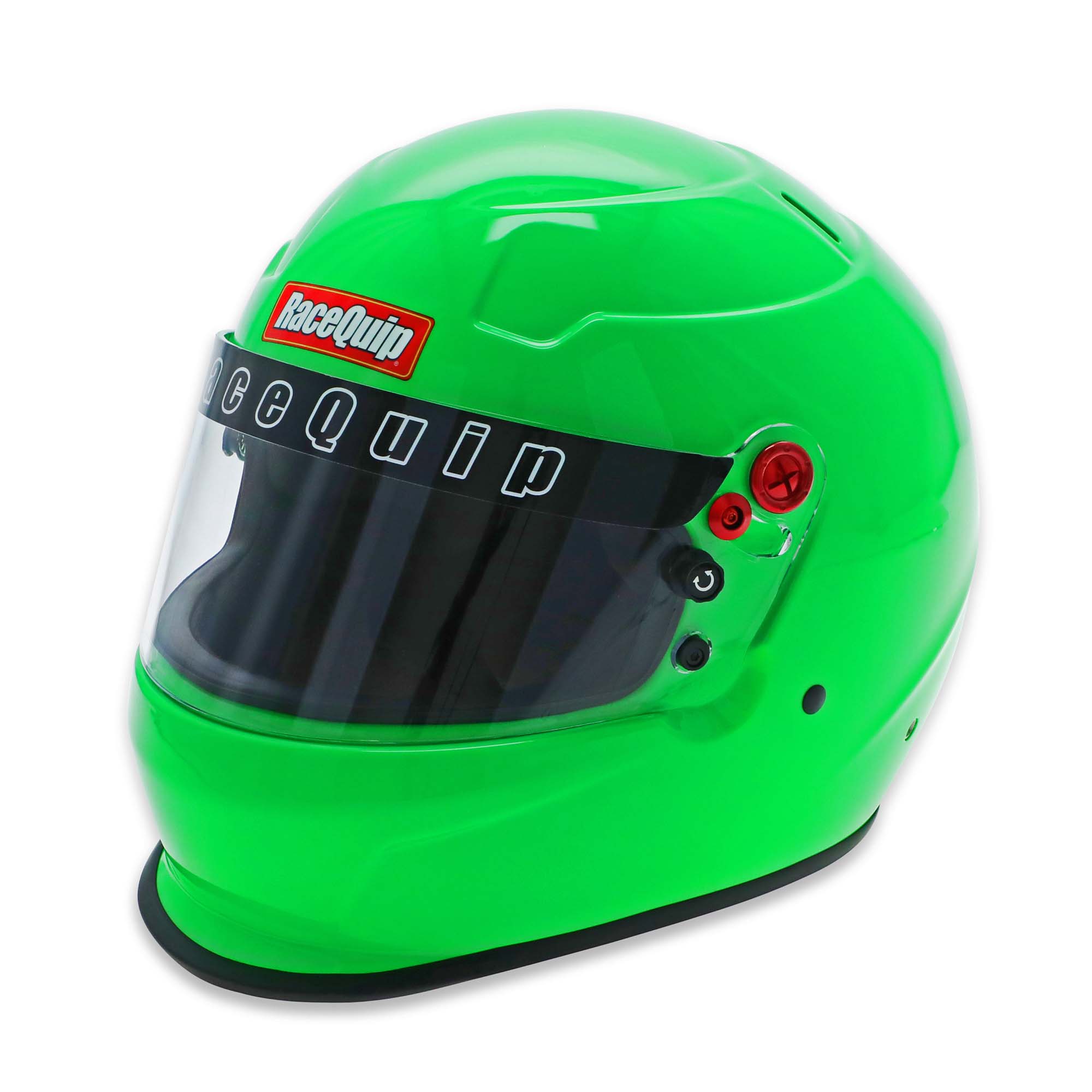 RaceQuip PRO25 Premium SA2025 Racing Helmet in bright green with HANS-ready posts and full-face visor