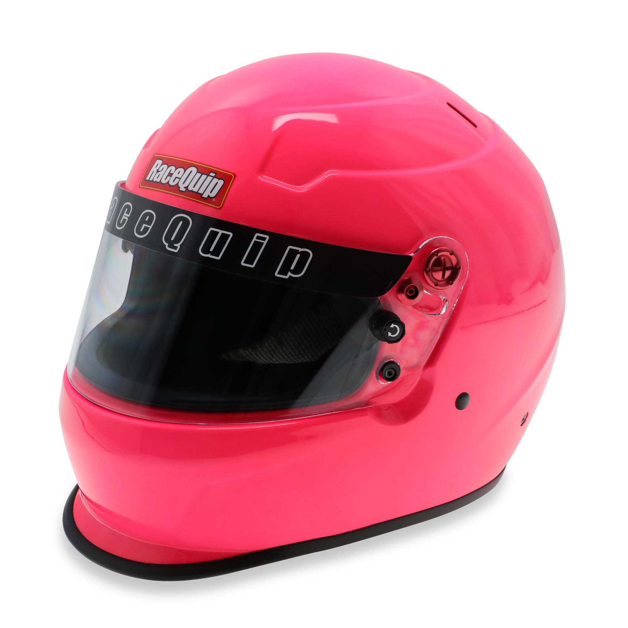 RaceQuip PRO25 Premium SA2025 Racing Helmet in vivid hot pink with black trim and polycarbonate shield