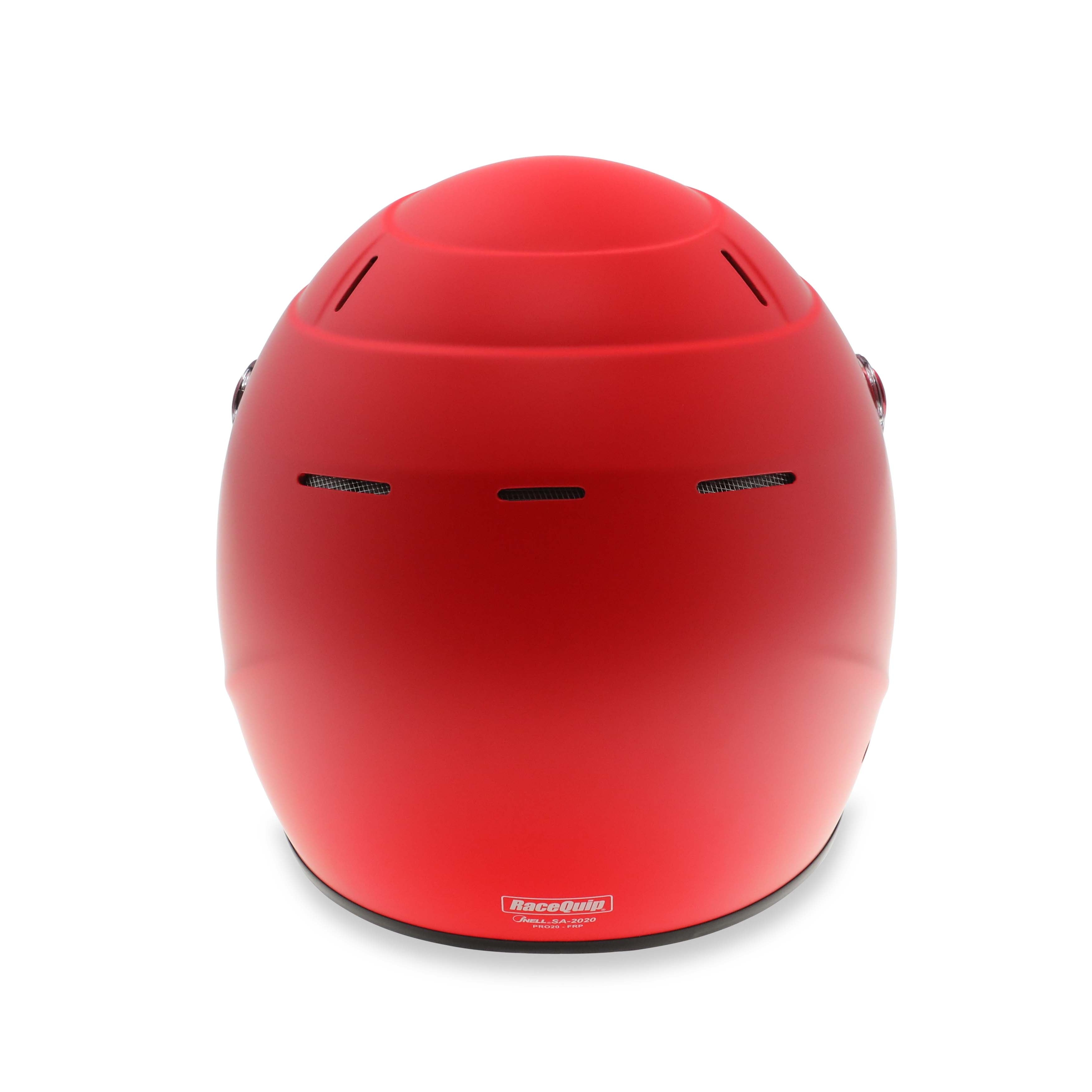 Rear view of RaceQuip PRO25 Premium SA2025 Red Racing Helmet displaying aerodynamic contour and rear venting