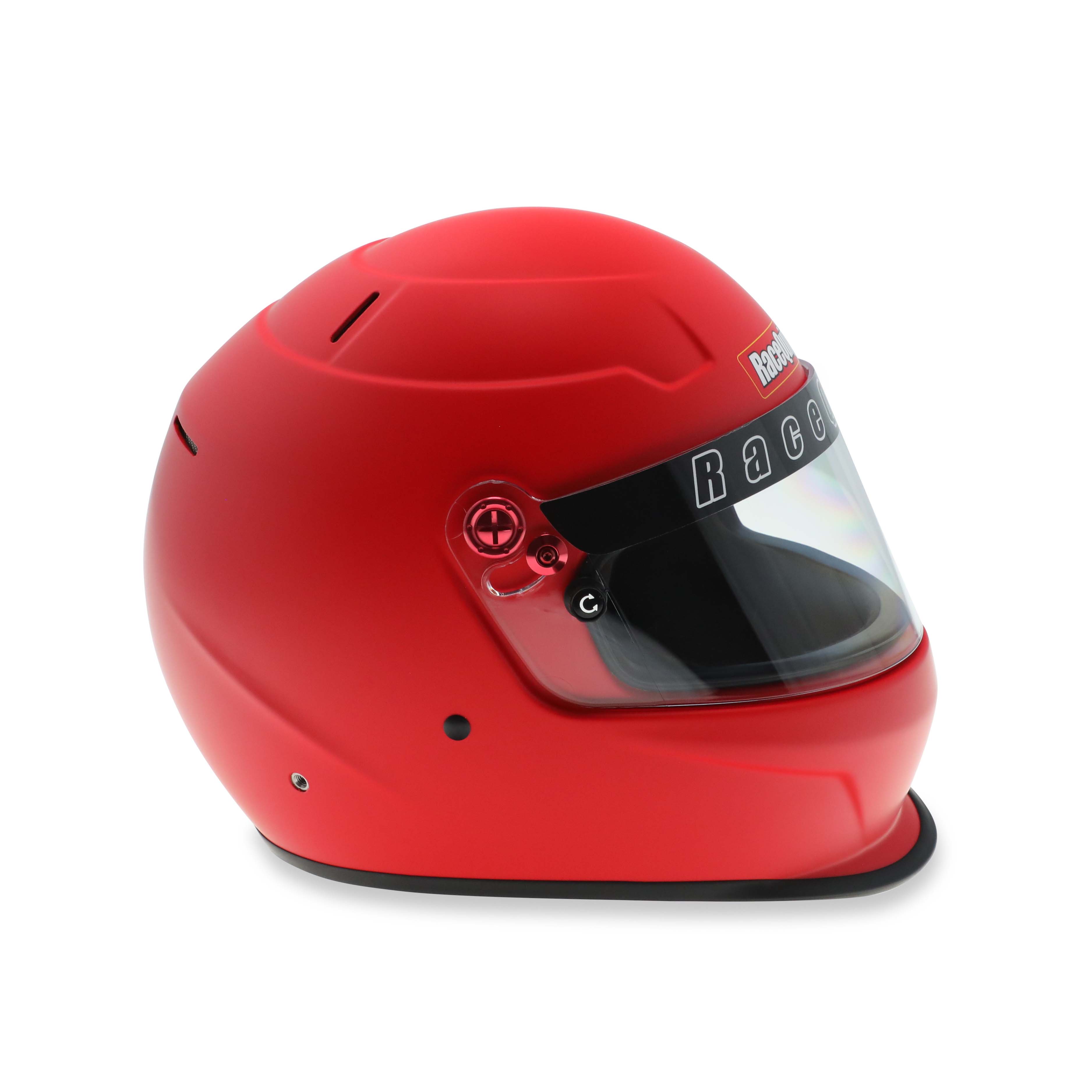 Right-side view of RaceQuip PRO25 Premium SA2025 Red Racing Helmet showing shield pivot and side profile