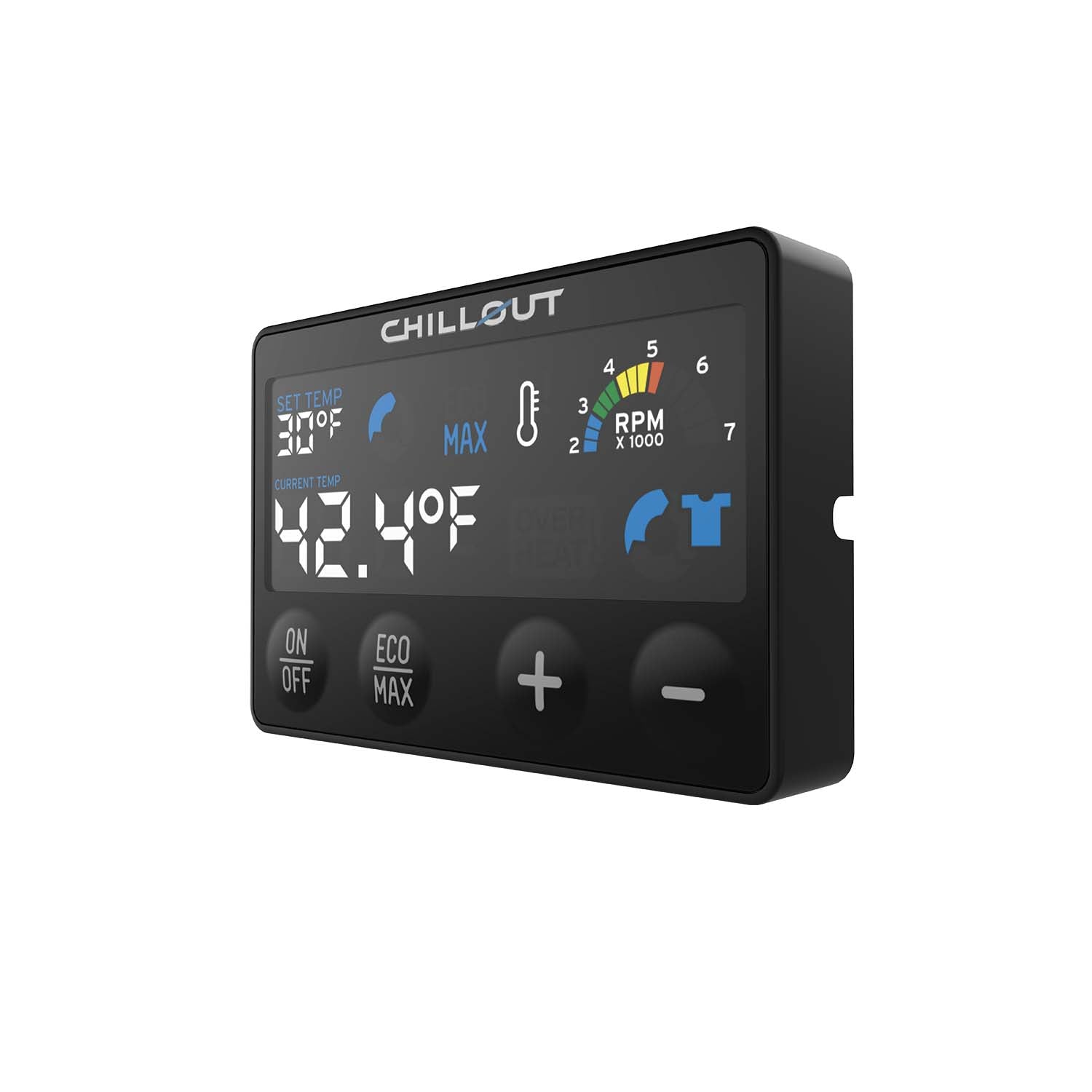 Front angled view of Chillout Systems dash-mounted remote control for Quantum Series coolers