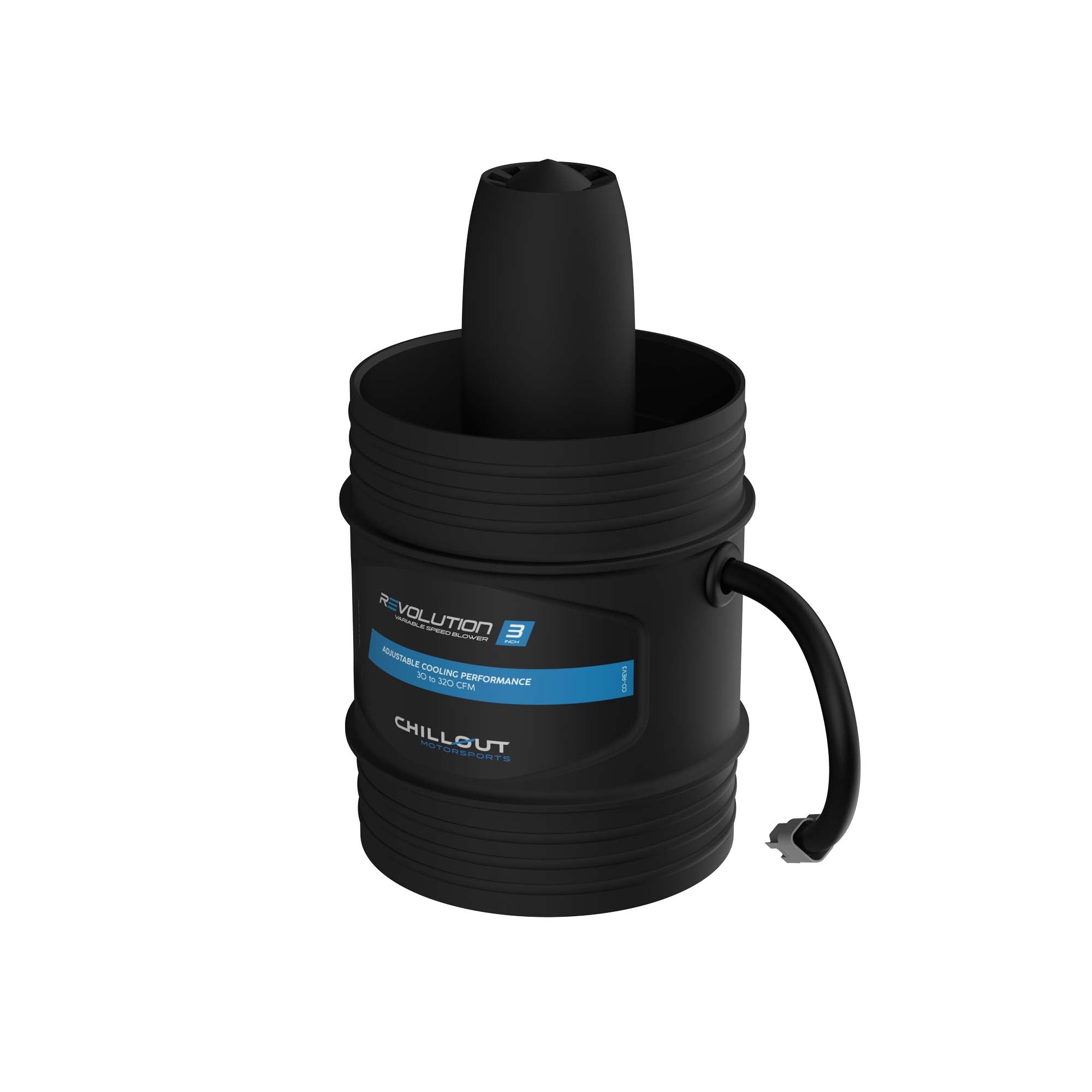 Chillout Systems Revolution 3 inch variable speed air blower rear view with power connection and speed control