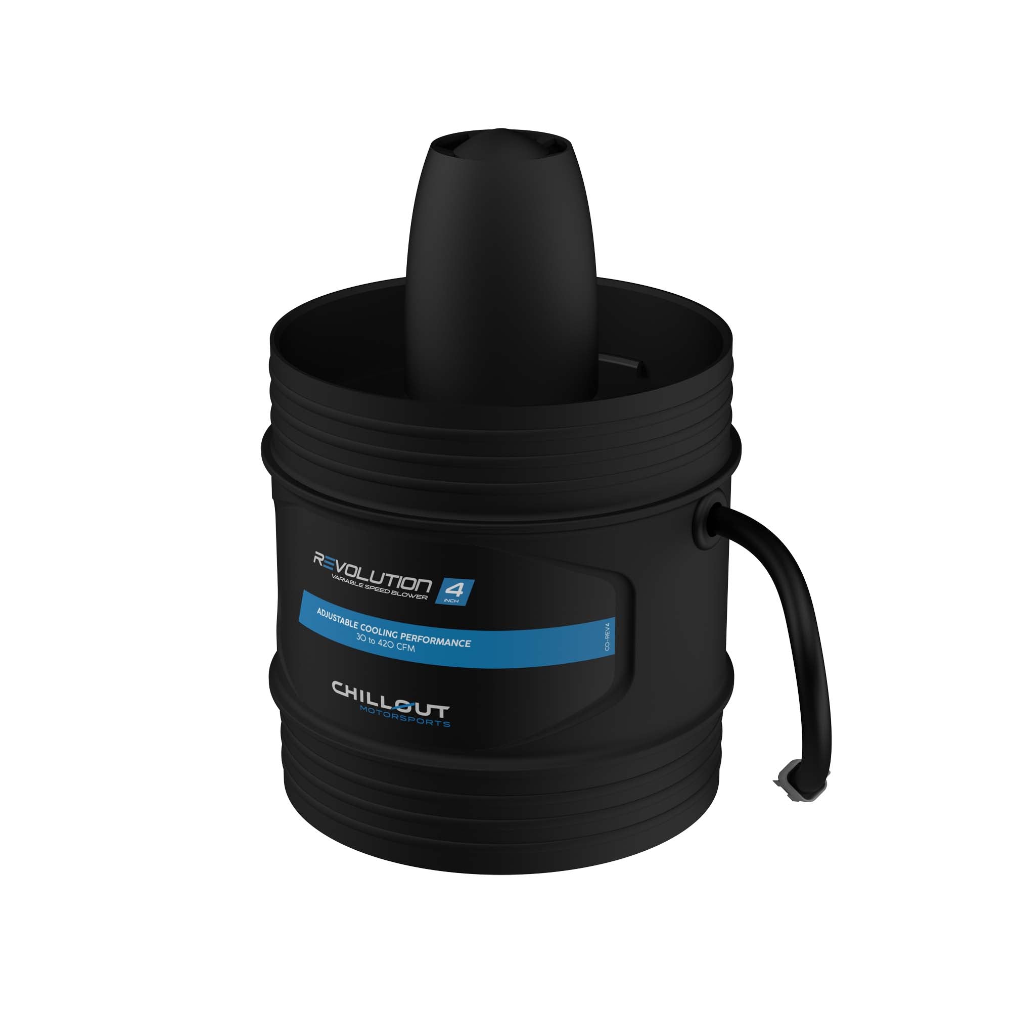 Chillout Systems Revolution 4 inch variable speed air blower rear view with power connection and speed control