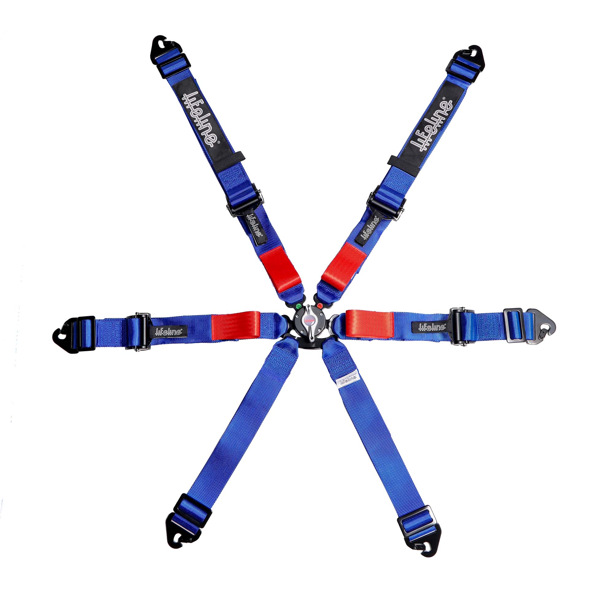 Lifeline Woodcote 6-point FIA 8853-2016 racing harness in blue with pull-up lap adjuster, adjustable anti-submarine belts, and camlock buckle