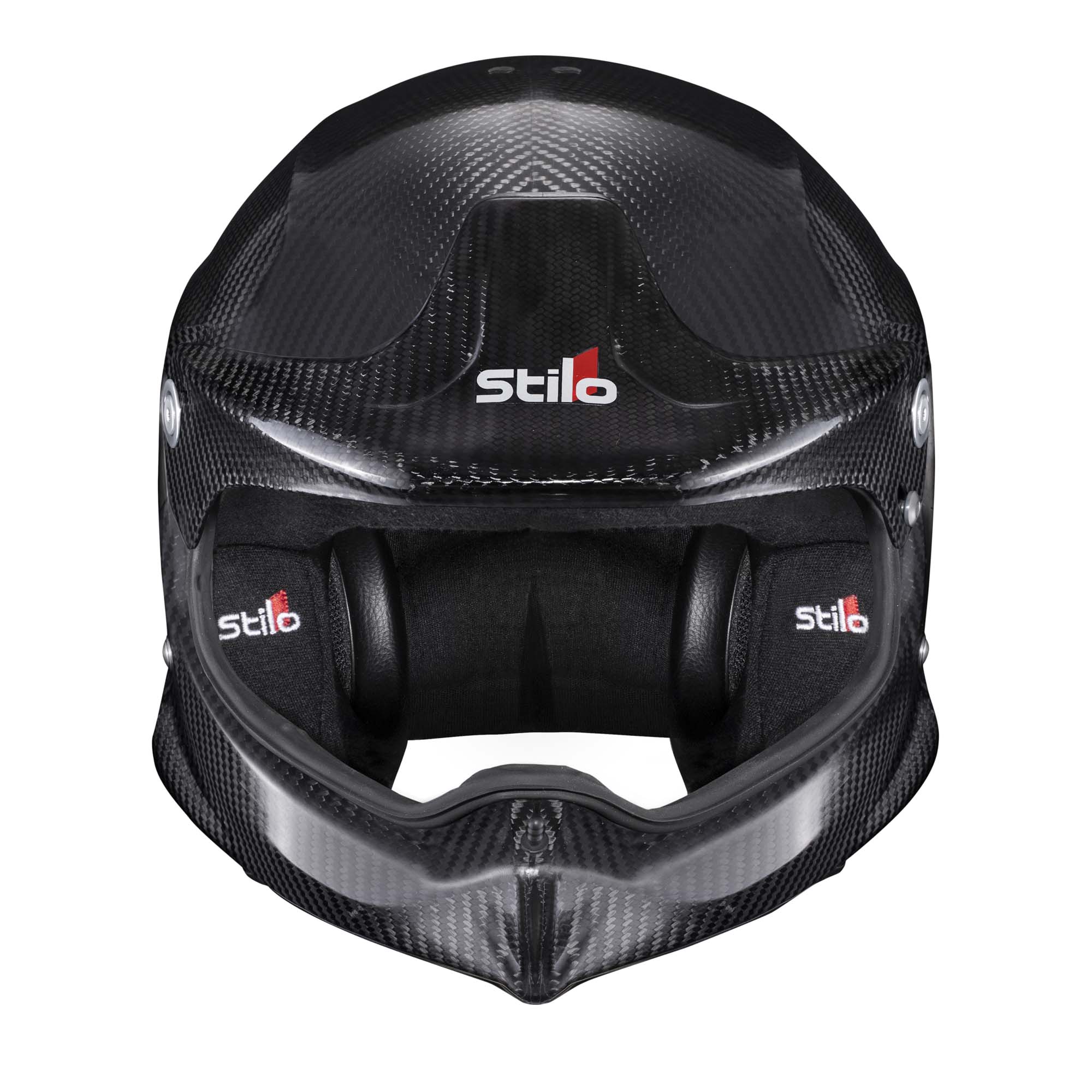 Front view of Stilo Venti WRX Raid Carbon helmet with wide eyeport and rally-optimized peak.